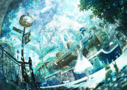 1girl aircraft airship arch blue_sky bridge brown_eyes brown_hair building cat city clock day dome dress fence fisheye full_body hand_on_headwear hat highres lamppost leaf locomotive long_hair original outdoors rabbit scenery shade shadow sign sky sleeveless sleeveless_dress stairs standing steam_locomotive sun_hat sundress train train_station tree white_cat white_dress white_footwear white_hat wide_shot wind_turbine windmill yamada2015