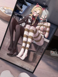 2girls absurdres animal_ears ball_gag barefoot bdsm black_bodystocking black_socks blonde_hair bodystocking bondage bound bow bowtie braided_twintails breasts cat closed_eyes collar cuffs fake_animal_ears frilled_socks frills gag gag_harness gagged glasses green_eyes grey_hair handcuffs highres leash loafers long_hair medium_breasts mirror_selfie multiple_girls nipples original panties pantyhose phone red_bow red_bowtie roundschen saliva saliva_trail selfie shibari shoes short_hair sitting skindentation slave socks underwear white_panties white_pantyhose white_socks yuri