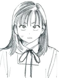 1girl artist_name greyscale long_hair looking_at_viewer monochrome noobboy_02 original parted_lips ribbon simple_background solo upper_body watermark web_address white_background
