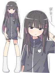 1girl auhuheben17 bandages bandaid bandaid_on_face bandaid_on_knee bandaid_on_leg black_hair black_shirt blush closed_mouth hair_ornament hairclip highres hood jitome long_hair original shirt short_sleeves shorts socks standing very_long_hair white_background