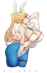 animal_ears artoria_pendragon_(fate) artoria_pendragon_(swimsuit_ruler)_(fate) artoria_pendragon_(swimsuit_ruler)_(first_ascension)_(fate) bad_link blonde_hair blowing_kiss blue_necktie blue_pantyhose braid breasts clothing_cutout covered_erect_nipples detached_collar fake_animal_ears fake_tail fate/grand_order fate_(series) feather_boa fishnet_pantyhose fishnets green_eyes half_up_braid highleg highleg_leotard highres large_breasts leotard navel navel_cutout necktie one_eye_closed pantyhose playboy_bunny ponytail ponytail_with_braided_base rabbit_ears rabbit_tail simple_background suhyeon tail tiara v white_background white_leotard