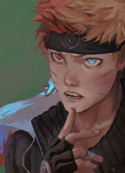 Rule 34 | 1boy, bandaged fingers, bandages, black gloves, blonde hair, blood, blood from mouth, blood on hands, blue eyes, ear piercing, earrings, facial mark, fangs, finger to own chin, fingerless gloves, forehead protector, gloves, heterochromia, highres, jewelry, lips, looking to the side, male focus, multicolored hair, naruto (series), nose, open mouth, piercing, portrait, red eyes, red hair, short hair, signature, simple background, solo, tamelee, teeth, uzumaki naruto, whisker markings