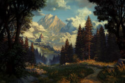 Rule 34 | absurdres, blue sky, castle, cloud, cloudy sky, commentary, day, english commentary, forest, grass, highres, krita (medium), nature, no humans, original, outdoors, philipp urlich, pine tree, scenery, sky, tree