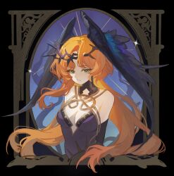 1girl absurdres bare_shoulders black_gloves black_wings blue_background border breasts chinese_commentary cleavage crown_of_thorns dress druvis_iii druvis_iii_(shrouded_in_thorns) elbow_gloves feathered_wings gloves green_eyes halter_dress halterneck head_wings highres long_hair looking_at_viewer medium_breasts official_alternate_costume orange_hair ornate_border outside_border purple_dress reverse:1999 sleeveless sleeveless_dress solo upper_body very_long_hair wings xianyu_(xianyu55596)