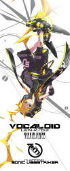 1boy alternate_costume aqua_eyes barcode blonde_hair grin highres hood hoodie kagamine_len kagamine_len_(append) male_focus monq shorts smile solo upside-down vocaloid vocaloid_append