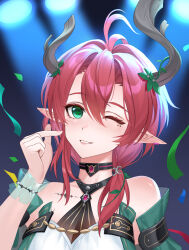 1girl absurdres bare_shoulders black_choker breasts choker ciaccona_(wuthering_waves) commentary_request confetti fingernails green_eyes hair_between_eyes highres looking_at_viewer medium_breasts mole mole_under_eye multiple_moles one_eye_closed parted_lips pointy_ears portrait red_hair smile solo tacet_mark_(wuthering_waves) tree_horns wuthering_waves yaxiya