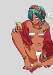 1girl absurdres anklet aqua_eyes aqua_hair aqua_nails armlet barefoot bodypaint bracelet braid breasts bright_pupils cameltoe cellphone closed_mouth dark-skinned_female dark_skin earrings feet female_focus grey_background groin groin_tendon hair_over_one_eye hairband headband highres holding holding_phone jewelry looking_at_phone medium_breasts nail_polish navel navel_piercing necklace o-ring ononaka_akihiro phone piercing ring short_hair_with_long_locks side_braid simple_background sitting smartphone solo strapless toenail_polish toenails toes tribal tube_top white_pupils