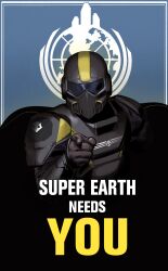 1other ambiguous_gender armor assault_visor black_armor blue_background brown_gloves commentary english_commentary english_text facing_viewer gloves helldiver_(helldivers) helldivers_(series) highres krekkov pointing pointing_at_viewer poster_parody propaganda solo space_marine two-tone_background yellow_trim