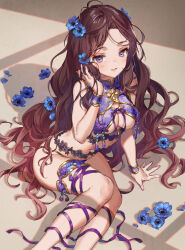 1girl aikatsu!_(series) aikatsu_stars! blue_flower blush breasts brown_hair china_dress chinese_clothes cleavage commission dress flower hair_flower hair_ornament hand_up highres kasumi_yozora large_breasts long_hair looking_at_viewer navel open_mouth purple_dress purple_eyes purple_ribbon ribbon sitting skeb_commission solo thighs very_long_hair wavy_hair yutsumoe