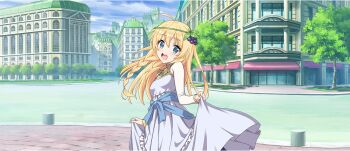 Rule 34 | 1girl, :d, ahoge, blonde hair, blue eyes, blue sash, braid, breasts, building, cloud, cloudy sky, cowboy shot, day, dress, food-themed hair ornament, game cg, gold necklace, gold trim, grape hair ornament, green hairband, hair between eyes, hair ornament, hairband, highres, iris (konosuba), jewelry, kono subarashii sekai ni shukufuku wo!, konosuba! fantastic days, light blush, long dress, long hair, long sleeves, looking at viewer, necklace, official art, open mouth, outdoors, road, sash, side braid, skirt hold, sky, small breasts, smile, solo, standing, street, tachi-e, teeth, tree, upper teeth only, waist sash, white dress