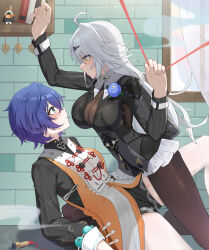 2girls absurdres ahoge belle_(delicate_daylight)_(zenless_zone_zero) belle_(zenless_zone_zero) black_pantyhose black_shirt black_unitard blue_flower blue_hair blue_rose bodystocking breasts chinese_clothes dress dress_over_shirt flower flower_on_chest hair_ornament highres large_breasts letter_hair_ornament long_hair long_sleeves looking_at_another multiple_girls official_alternate_costume orange_dress pantyhose rose shirt short_hair string w-baiye white_hair white_pantyhose yellow_eyes yi_xuan_(trails_of_ink)_(zenless_zone_zero) yi_xuan_(zenless_zone_zero) yuri zenless_zone_zero