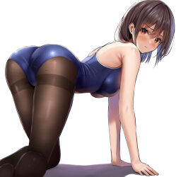 Rule 34 | 1girl, all fours, ass, black hair, black pantyhose, blue one-piece swimsuit, commentary request, competition school swimsuit, looking at viewer, one-piece swimsuit, original, pantyhose, pantyhose under swimsuit, red eyes, school swimsuit, shadow, short hair, simple background, solo, swimsuit, thighband pantyhose, white background, yukemuriganmo