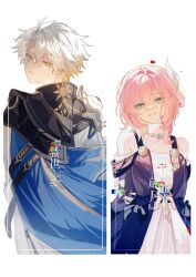 1boy 1girl armor bare_shoulders blue_cape blue_eyes breasts cape coat commentary_request cyrene_(honkai:_star_rail) dress hair_ornament heterochromia highres honkai:_star_rail honkai_(series) jewelry medium_hair multicolored_hair necklace pauldrons phainon_(honkai:_star_rail) pink_hair purple_coat short_hair shoulder_armor simple_background single_pauldron small_breasts translation_request two-tone_hair white_background white_dress white_hair wwzvte59ec98660 yellow_eyes