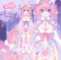 animal_ears artist_request blush boots bow bowtie braid breasts check_artist cleavage fox_ears hair_ornament highres kaos_pinku large_breasts logo long_hair luami_media pink_hair purple_eyes reference_sheet tassel thighhighs twin_braids virtual_youtuber
