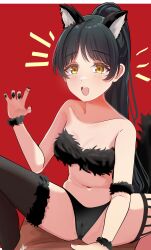 1girl :d absurdres animal_ears bandeau black_bandeau black_hair black_nails black_panties black_thighhighs breasts cameltoe cleavage commentary fingernails fur-trimmed_thighhighs fur_trim hazuki_ren high_ponytail highres long_fingernails long_hair love_live! love_live!_superstar!! medium_breasts mismatched_thighhighs navel notice_lines open_mouth panties partially_visible_vulva ponytail red_background smile solo spread_legs stomach symbol-only_commentary tail teeth thighhighs underwear upper_teeth_only werewolf_costume whin wolf_ears wolf_tail yellow_eyes