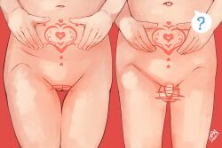 1boy 1girl ? bar_censor censored highres ikanan loli navel nude original penis pubic_tattoo pussy red_background shota small_penis standing tagme tattoo testicles