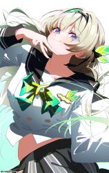 1girl absurdres black_bow black_hairband black_sailor_collar blue_eyes blue_pupils bow bowtie breasts buttons chromatic_aberration closed_mouth collarbone commentary cryne double-breasted fingernails firefly_(honkai:_star_rail) firefly_(spring_missive)_(honkai:_star_rail) gradient_background green_background green_bow green_bowtie grey_skirt hair_bow hairband hand_up highres honkai:_star_rail honkai_(series) large_breasts long_sleeves looking_at_viewer multicolored_eyes official_alternate_costume purple_eyes sailor_collar school_uniform serafuku shirt simple_background skirt smile solo twitter_username white_background white_shirt yellow_eyes