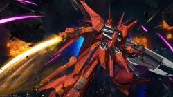 absurdres asteroid battle clenched_hand company_name copyright_notice debris energy_sword explosion green_eyes gundam gundam_battle_operation_2 gundam_unicorn highres holding holding_sword holding_weapon machinery mecha mecha_focus mobile_suit nebula neo_zeon no_humans official_art one-eyed painting_(medium) realistic rebawoo robot roundel scan science_fiction shield solo space star_(sky) sunrise_(company) sword tenjin_hidetaka traditional_media weapon zero_gravity
