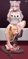 1futa 1girl absurdres akai_haato akai_haato_(gothic_lolita) animal_ear_fluff animal_ears bad_anatomy barefoot black_capelet black_choker black_dress black_nails black_thighhighs blonde_hair bottomless breasts brikot capelet choker closed_eyes closed_mouth dress erection fangs feet foot_worship footjob footjob_from_behind futa_with_female futanari futasub gothic_lolita grey_eyes grey_hair hair_between_eyes highres hololive licking licking_foot lion_ears lolita_fashion long_hair long_sleeves medium_breasts nail_polish no_shoes open_mouth penis pussy saliva saliva_trail shirt shishiro_botan shishiro_botan_(casual) sitting soles t-shirt testicles thighhighs toenail_polish toenails tongue tongue_out uncensored virtual_youtuber white_shirt