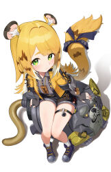 1girl absurdres animal_ears blonde_hair commentary fingerless_gloves gloves green_eyes highres ju_fufu knbd shorts sitting solo tail tail_ornament zenless_zone_zero
