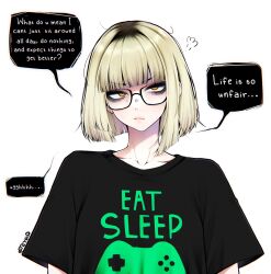 1girl black-framed_eyewear black_shirt blonde_hair blunt_bangs breasts brown_eyes closed_mouth collarbone english_text glasses highres looking_at_viewer multicolored_hair original roots_(hair) shirt short_hair simple_background small_breasts solo speech_bubble t-shirt teyoid twitter_username upper_body white_background
