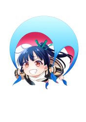 1girl absurdres barefoot blue_hair brown_eyes chibi commentary_request floating full_body green_ribbon grin hair_ribbon high_ponytail highres holding_with_feet jacket long_hair megami_no_cafe_terrace multicolored_jacket official_art parachute ponytail ribbon seo_kouji shirt simple_background smile solo tsuruga_ami two-tone_jacket white_background white_shirt