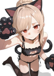 1girl absurdres aged_down angelica_rapha_redgrave animal_ears animal_hands armpits bell black_bra black_collar black_panties black_thighhighs blonde_hair blush bra breasts cat_cutout cat_ears cat_lingerie cat_paws cat_tail choker clothing_cutout collar commentary commission eco_376124 fake_animal_ears female_focus from_above hair_bun highres huge_filesize kneeling loli looking_at_viewer looking_up meme_attire navel otome_game_sekai_wa_mob_ni_kibishii_sekai_desu panties pixiv_commission red_eyes side-tie_panties single_hair_bun small_breasts tail thighhighs underwear