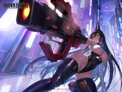 1girl aiming arm_cannon black_hair boots breasts brown_dust_(series) brown_dust_2 cityscape frown hair_between_eyes heterochromia highres horns impossible_clothes large_breasts levia_(brown_dust) long_hair mechanical_horns official_alternate_costume official_art official_wallpaper red_eyes skindentation sweat thigh_boots underboob weapon yellow_eyes