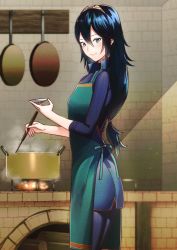 1girl ameno_(a_meno0) apron blue_apron blue_eyes blue_hair blue_sweater closed_mouth cooking fire fire_emblem fire_emblem_awakening hair_between_eyes highres holding holding_ladle indoors kitchen ladle lips long_hair looking_at_viewer low-tied_long_hair lucina_(fire_emblem) nintendo pink_lips pot ribbed_sweater sleeves_rolled_up smile solo steam sunlight sweater symbol-shaped_pupils tiara turtleneck turtleneck_sweater