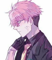 Rule 34 | 1boy, artist name, black gloves, gauma, glasses, gloves, gridman universe, gridman universe (movie), hand up, male focus, necktie, pink hair, risyo, scar, scar on face, short hair, simple background, solo, ssss.dynazenon, white background