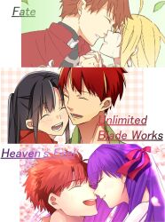 Rule 34 | 1boy, 3girls, ahoge, archer (fate), archer (fate) (cosplay), artoria pendragon (fate), black hair, blonde hair, closed eyes, coat, cosplay, couple, emiya shirou, exa (koyuru), fate/stay night, fate/unlimited blade works, fate (series), happy, heaven&#039;s feel, highres, matou sakura, multiple girls, purple eyes, red coat, red hair, saber (fate), smile, tohsaka rin