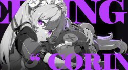 Rule 34 | 1girl, absurdres, bear hair ornament, character name, corin wickes, greyscale with colored background, hair between eyes, hair ornament, highres, hugging object, long hair, looking at viewer, maid headdress, mindscape cinema (zenless zone zero), monochrome, nail polish, official art, parted lips, puffy short sleeves, puffy sleeves, purple background, purple eyes, purple theme, resized, short sleeves, solo, song name, spot color, stuffed animal, stuffed toy, teddy bear, third-party edit, twintails, two side up, upper body, upscaled, zenless zone zero