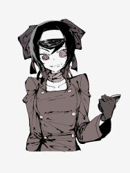 @_@ black_gloves bow buttons collarbone crazy crazy_eyes crazy_smile cropped_torso double-breasted evil_smile fankupl girls_und_panzer girls_und_panzer_ribbon_no_musha gloves hair_bow hair_ribbon hime_cut holding leather leather_gloves mole open_collar partially_colored peacoat popped_collar ribbon scarf school_uniform simple_background smile tank_shell tatenashi_high_school_uniform tsuruki_shizuka white_background winter_clothes