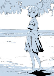 1girl absurdres barefoot beach blue_theme bob_cut closed_mouth highres kinokohead2121 looking_at_viewer monochrome ocean original outdoors pleated_skirt shirt short_hair short_sleeves skirt smile solo standing tree water