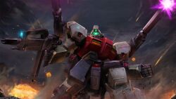 Rule 34 | absurdres, battle, beam cannon, beam rifle, cloud, cloudy sky, copyright logo, damaged, debris, dirty, earth federation, energy, energy beam, energy gun, firing, glowing, green visor, gundam, gundam battle operation 2, gundam unicorn, highres, jegan heavy equipment type, lens flare, looking at viewer, machinery, mecha, mecha focus, mobile suit, no humans, official art, painting (medium), realistic, robot, scan, science fiction, scope, sky, smoke, sunrise (company), tenjin hidetaka, traditional media, weapon