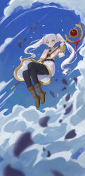 1girl absurdres artur_link black_pantyhose blue_sky blurry boots brown_boots capelet cloud depth_of_field dress earrings elf floating frieren green_eyes highres holding holding_staff jewelry long_hair outdoors pantyhose pointy_ears sky solo sousou_no_frieren staff twintails white_capelet white_dress white_hair