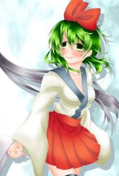 2girls black_thighhighs blush bow breasts collarbone commentary_request green_eyes green_hair grey_hair gumi hakama hakama_short_skirt hakama_skirt hatsune_miku himeyuri_enbukyou_(vocaloid) holding_hands japanese_clothes kibatan long_hair looking_at_another medium_breasts multiple_girls oborozuka_akari oni_to_kitsune_no_hanashi out_of_frame partial_commentary red_bow red_skirt shadow shishikusa_mai short_hair skirt smile solo_focus thighhighs vocaloid yuri