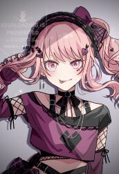 1other :q absurdres airabi akiyama_mizuki arm_at_side arrow_through_heart belt black_bow black_ribbon black_undershirt blush bow bow_choker choker collarbone crop_top cross-laced_hairband detached_sleeves earrings eyelashes facial_hair facial_mark fishnet_sleeves fishnets hair_lift hair_ornament hairband hairclip heart heart_facial_mark heart_hair_ornament highres jewelry lace-trimmed_hairband lace_trim lolita_hairband long_sidelocks looking_at_viewer mark_under_eye midriff multiple_belts off-shoulder_shirt off_shoulder other_focus pink_eyes pink_hair project_sekai ribbon shirt side_ponytail sidelocks signature sleeves_past_wrists solo swept_bangs tongue tongue_out twitter_username upper_body watermark
