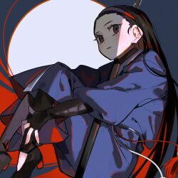 Rule 34 | 1girl, aeng-du (project moon), bangs pinned back, black eyes, black hair, black hanbok, black leggings, black shoes, blue background, full body, hairband, hamelon310, hanbok, hand wraps, high heels, highres, korean clothes, leggings, limbus company, long hair, looking at viewer, project moon, red hairband, shoes, simple background, solo, very long hair