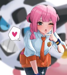 1girl ;o bandaid black_pantyhose blunt_bangs blurry blurry_background collared_shirt commentary_request coral_(pokemon) eyelashes fang gen_3_pokemon glalie grey_eyes hand_up heart highres leaning_forward nail_polish nintendo oddman1234 one_eye_closed open_mouth orange_shorts pantyhose pink_hair pink_nails pokemon pokemon_(anime) pokemon_(creature) pokemon_horizons school_uniform scream_tail shirt shorts spoken_heart tongue v