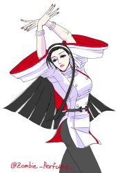 1girl black_eyes black_hair breasts buttons dress female_focus hands_up highres huge_breasts kagura_chizuru large_breasts long_hair pale_skin pants skirt standing the_king_of_fighters thighs zombie_perfume