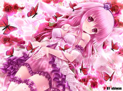 1girl blush breasts bug butterfly crown female_focus flower frilled_thighhighs frills hairband insect lying medium_breasts nipples obiwan original panties petals pink_eyes pink_hair pink_theme purple_crown ribbon rose see-through_clothes solo striped_clothes striped_panties thighhighs underwear