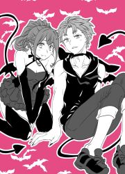 1boy 1girl animal_print bad_link bare_shoulders bat_print between_legs blush bow braid breasts brown_hair choker cleavage collarbone crown_braid demon_tail dress earrings elbow_gloves fang fangs frilled_dress frills gloves hair_bun hair_ornament hand_between_legs heart highres holding_own_hand ikuhashi_muiko jewelry long_hair looking_at_viewer medium_breasts monochrome open_mouth pants pectorals pointy_ears ponytail ribbon robotics;notes senomiya_akiho shoes short_hair sitting skirt small_breasts smile strapless strapless_dress tail thick_thighs thighhighs thighs v_arms vampire yashio_kaito