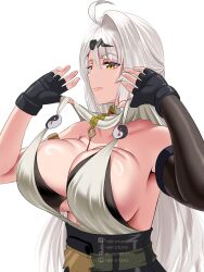1girl ahoge black_bra black_gloves black_shorts bra breasts closed_mouth fingerless_gloves gloves hiep_studio highres large_breasts long_hair looking_at_viewer shirt shorts solo underwear very_long_hair white_hair white_shirt yellow_eyes yixuan_(zenless_zone_zero) zenless_zone_zero