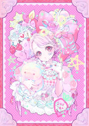 1girl absurdly_detailed_composition absurdres bead_bracelet beads birthday bow bracelet character_request commentary_request decora dress earrings fashion flower food fruit gingham hair_bow hair_flower hair_ornament hairstyle_request happy_birthday highres icing_trim indie_virtual_youtuber jewelry lavie_(cestbonlavie) lolita_fashion necklace pearl_necklace polka_dot red_eyes ring rose solo strawberry stuffed_animal stuffed_pig stuffed_toy sweet_lolita too_many_hair_ornaments virtual_youtuber yume_kawaii
