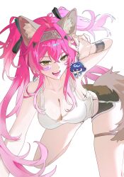1girl absurdres alternate_costume alternate_hair_length alternate_hairstyle animal_ear_fluff animal_ears bare_shoulders black_bow black_shorts bow breasts camisole character_charm charm_(object) cleavage collarbone commentary crop_top dolphin_shorts earrings english_commentary hair_between_eyes hair_bow hair_ornament hairband hand_up heart highres holding holding_charm jewelry kemonomimi_mode large_breasts leaning_forward long_hair looking_at_viewer lupa_(wuthering_waves) male_rover_(wuthering_waves) marti_31 metal_hairband multiple_hair_bows open_mouth pink_hair red_pupils rover_(wuthering_waves) shorts simple_background skindentation smile solo tacet_mark_(wuthering_waves) tail teeth thigh_strap twintails upper_teeth_only very_long_hair white_background white_camisole wolf_ears wolf_girl wolf_tail wrist_guards wuthering_waves yellow_eyes