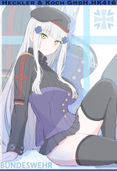 Rule 34 | absurdres, arms behind back, beret, black skirt, blush, breasts, cross, facepaint, from side, german flag, girls&#039; frontline, green eyes, hair ornament, hairclip, hat, highres, hk416 (girls&#039; frontline), iron cross, jacket, knee up, large breasts, long hair, looking at viewer, microskirt, panties, pleated skirt, skindentation, skirt, smile, teardrop, thighhighs, thighs, uchikata takeaki, underwear, very long hair, white hair, white panties