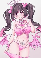1girl bikini black_hair bow breasts cleavage collar colored_tips earrings hair_bow highres himemiya_rie jewelry low_wings mole mole_on_breast mole_under_eye multicolored_hair navel navel_piercing o-ring o-ring_bikini phase_connect piercing pink_bikini pink_bow pink_eyes pink_hair pink_thighhighs pink_wings ragerkgk solo spiked_collar spikes streaked_hair swimsuit thigh_gap thighhighs tiara twintails virtual_youtuber wings