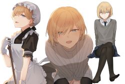 Rule 34 | 1boy, alternate costume, apron, blonde-haired boy (sunaba (nczd5875)), blonde hair, blue eyes, braid, cardigan, crossdressing, crossdressing (mtf), crossed legs, enmaided, fang, feet, full body, half-closed eyes, hands on lap, leaning forward, looking at viewer, maid, maid apron, multiple views, necktie, one eye closed, open mouth, original, pantyhose, pleated skirt, short hair, skirt, smile, solo focus, sunaba (nczd5875), sweater, trap