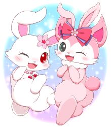 2girls :3 animal_ears beatcats blue_eyes blush bow cat_ears cat_girl cherry cherry_blossoms chibikemo commentary_request company_connection crossover fake_animal_ears fluffy food fruit furry furry_female jewelpet_(creature) jewelpet_(series) jewelry looking_at_viewer mia_(beatcats) multiple_girls necklace one_eye_closed open_mouth pink_bow pink_fur rabbit_ears rabbit_girl rabbit_tail red_eyes remoa_(kuremoa3912) ruby_(jewelpet) sanrio sparkle tail white_fur